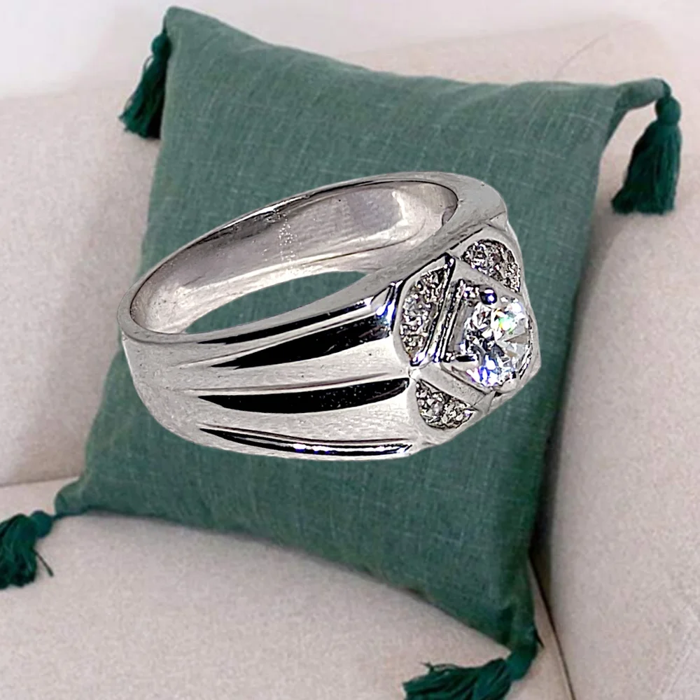 Men's White Plated Ring. Clear CZ Center Stone. Size 13 NWOT
